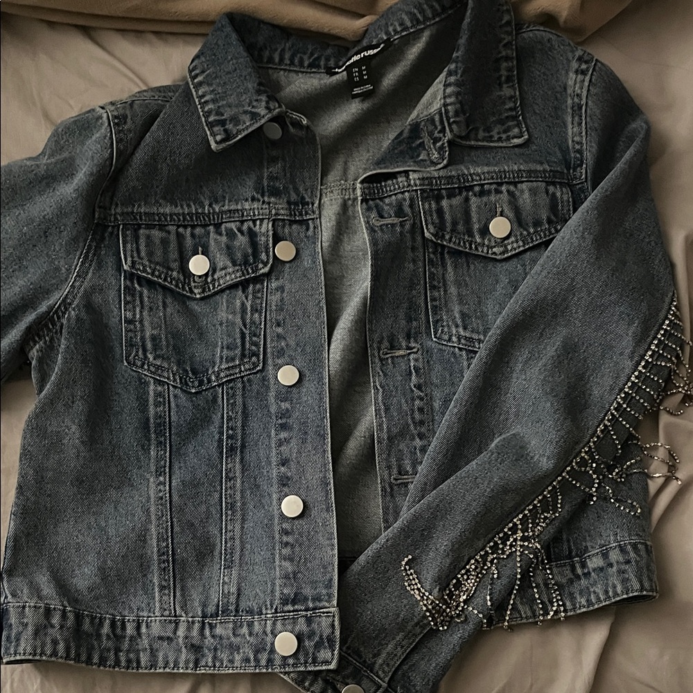 Charlotte Russe Blue Denim Jacket with Beaded Sleeve